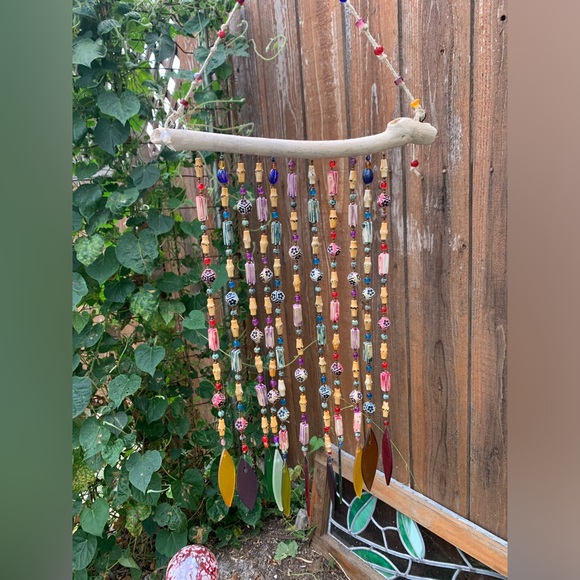NEW! Rainbow Glass Wind Chime Sun Catcher Mobile Retro Floral Beads & Driftwood - Picture 10 of 11